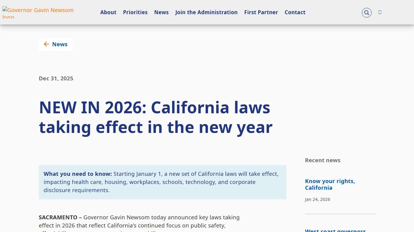 NEW IN 2026: California laws taking effect in the new year Governor of California